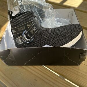 DKNY Women's Black Knit Sneakers with White Sole